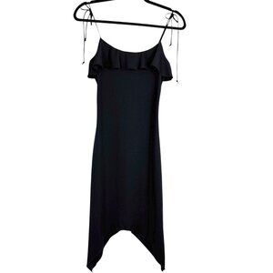 Le Château Black Asymmetrical Hem Dress Size Small Ruffle Tie-Strap Midi LBD